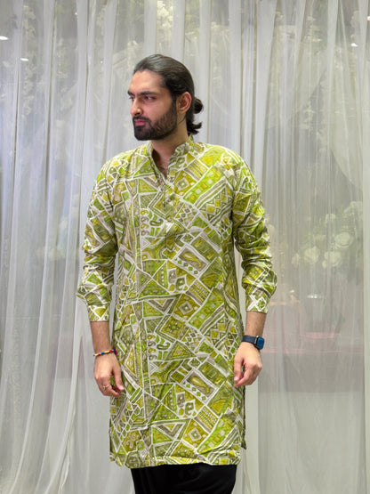 Green Batik Print Cotton Kurta