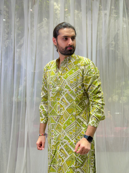 Green Batik Print Cotton Kurta