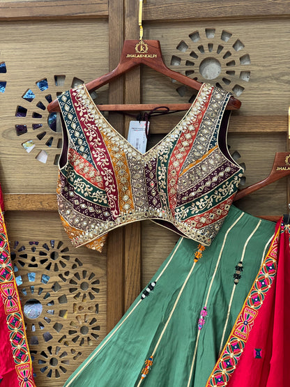 Green Embroidered Chaniya Choli with Red Dupatta and Mirror Work Blouse