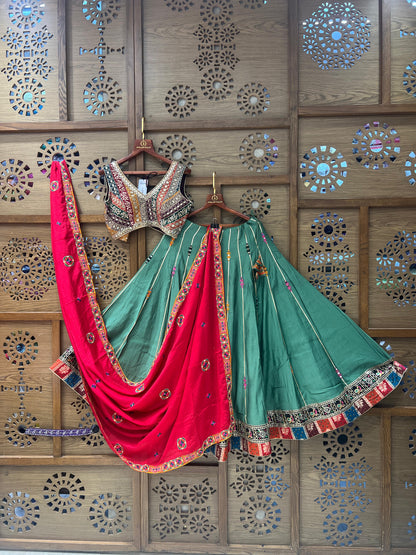 Green Embroidered Chaniya Choli with Red Dupatta and Mirror Work Blouse