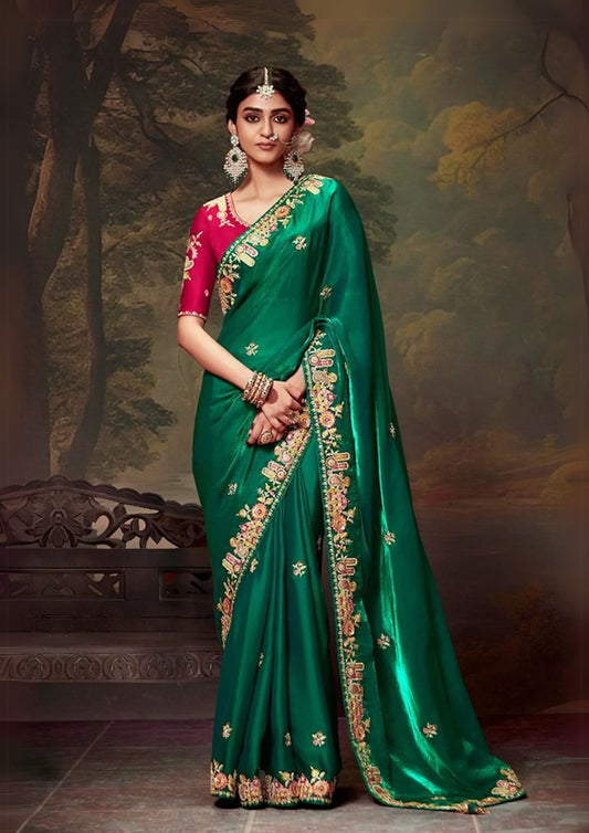 Green Embroidered Organza Saree Set