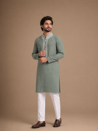 Green Linen Embroidered Men’s Kurta with Classic Threadwork