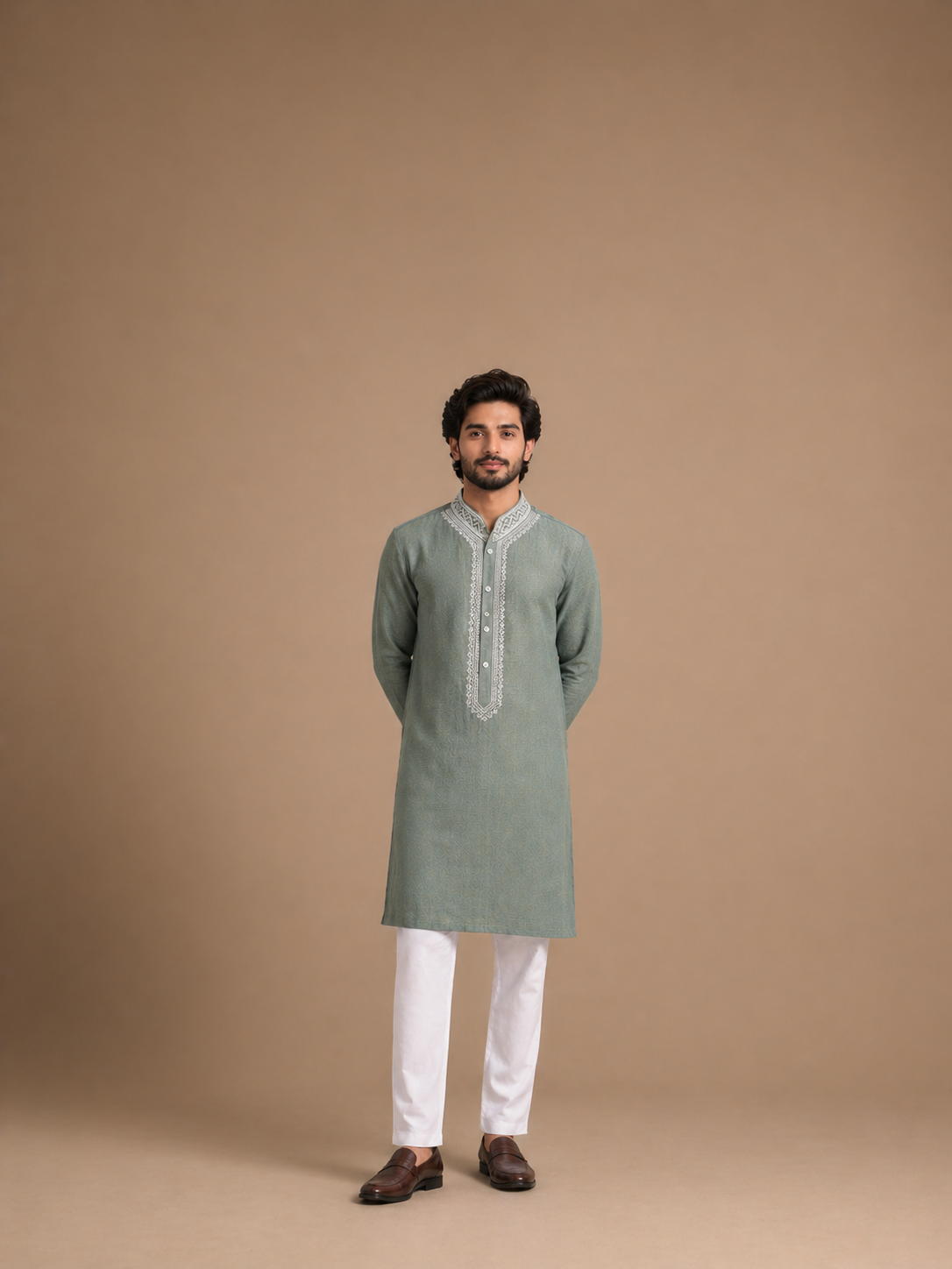Green Linen Embroidered Men’s Kurta with Classic Threadwork