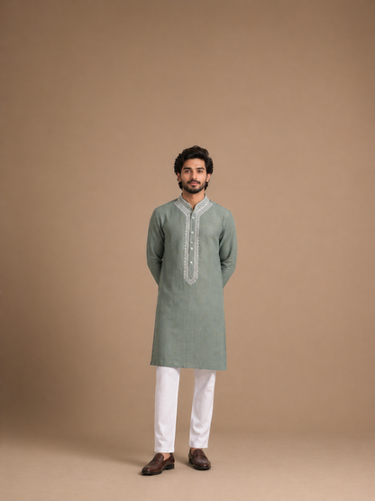 Green Linen Embroidered Men’s Kurta with Classic Threadwork