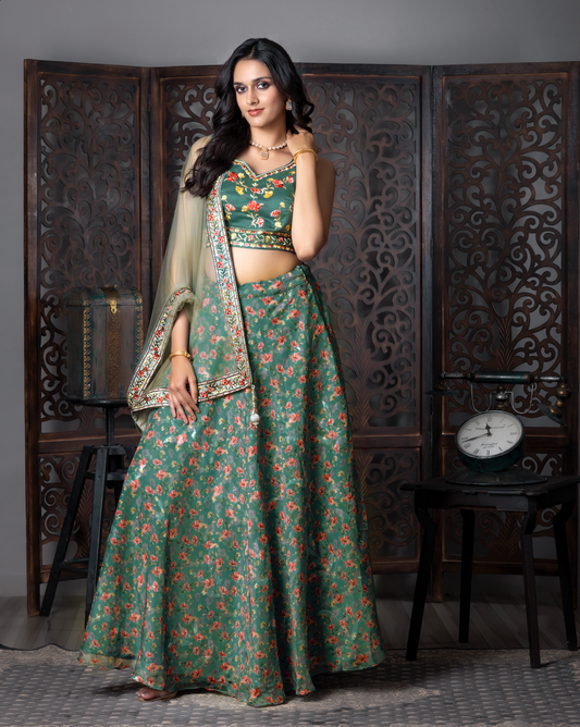Green Slik Flora Printed Lengha Choli