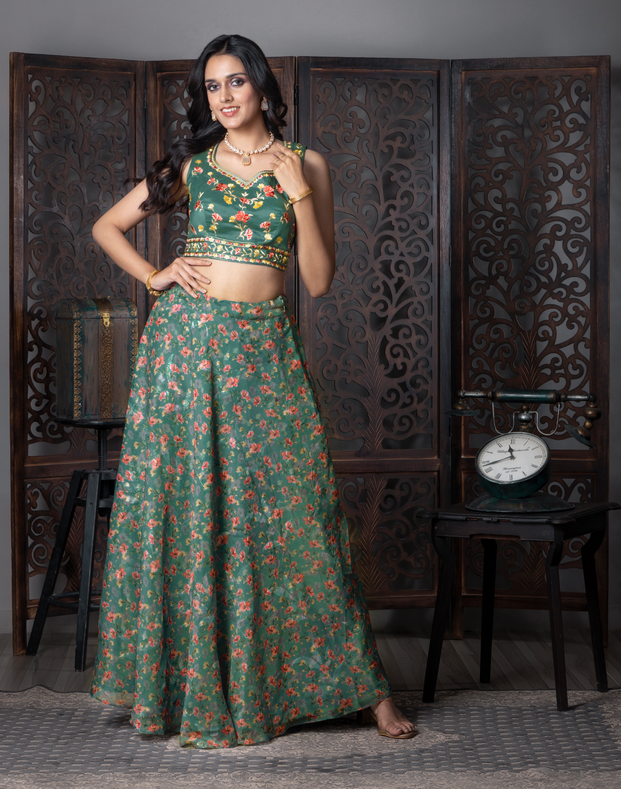 Green Slik Flora Printed Lengha Choli