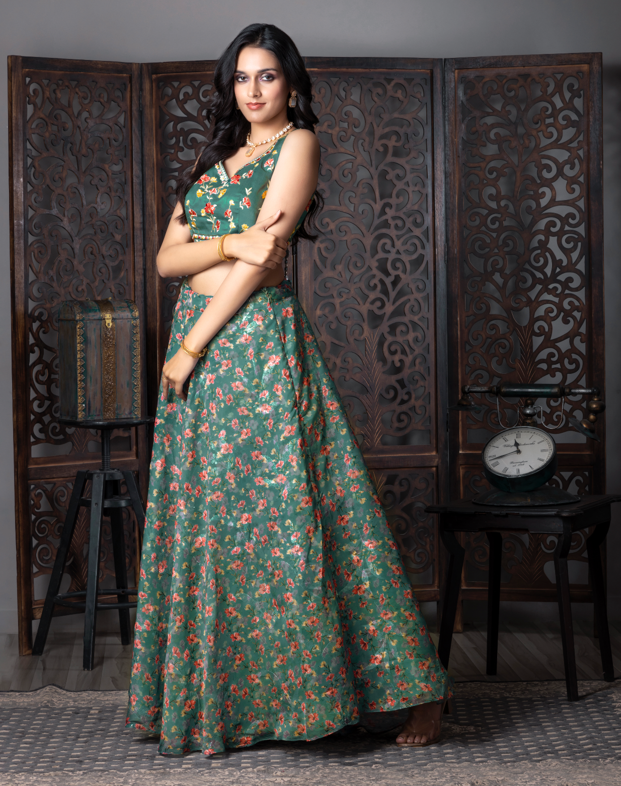 Green Slik Flora Printed Lengha Choli