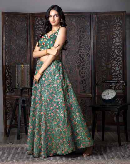 Green Slik Flora Printed Lengha Choli