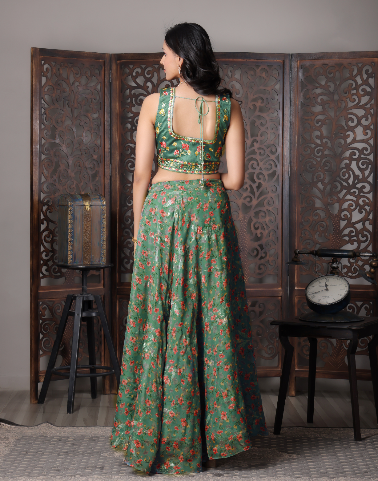 Green Slik Flora Printed Lengha Choli
