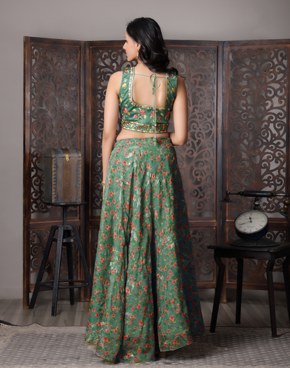 Green Slik Flora Printed Lengha Choli