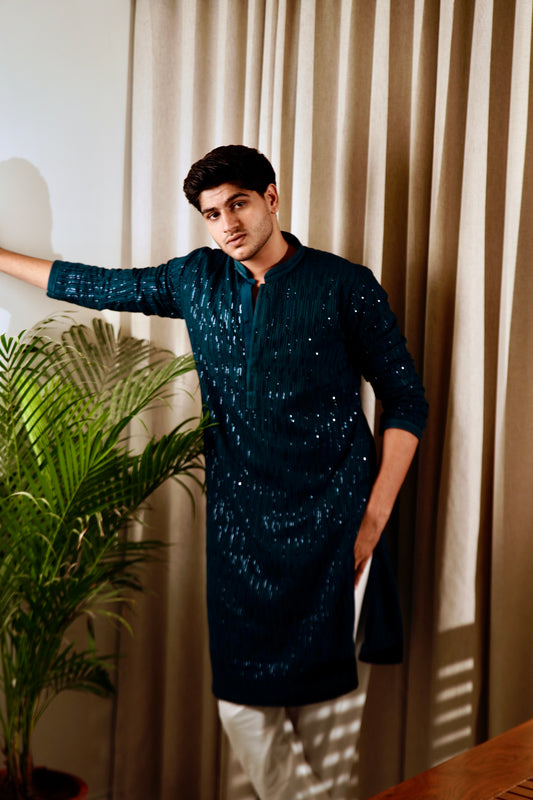 Teal Green Sequins Work Kurta Set