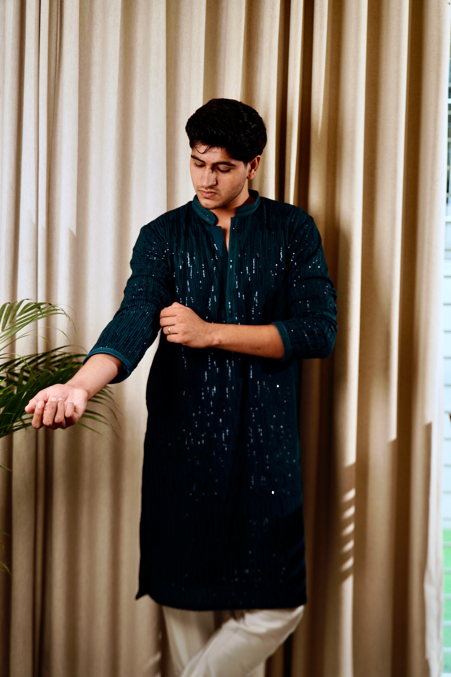 Teal Green Sequins Work Kurta Set