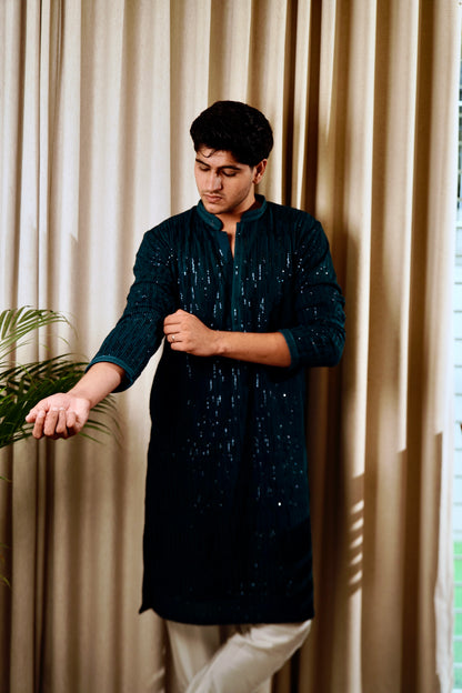 Teal Green Sequins Work Kurta Set