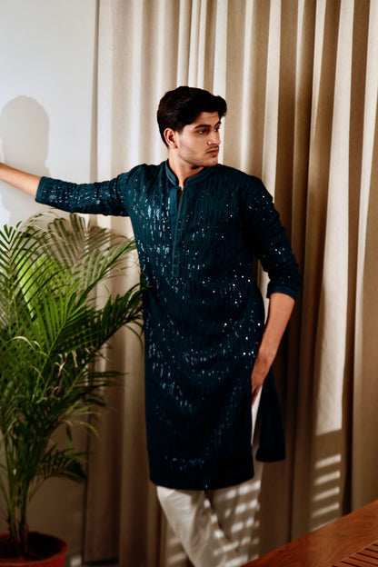Teal Green Sequins Work Kurta Set