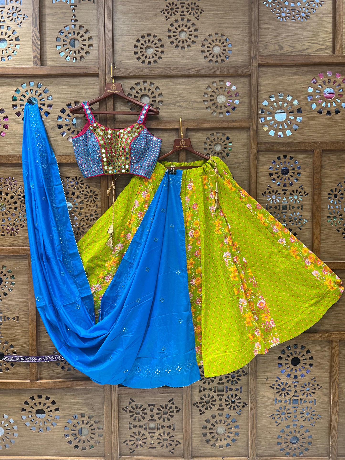 Green and Blue Mirror Work Navratri Chaniya Choli