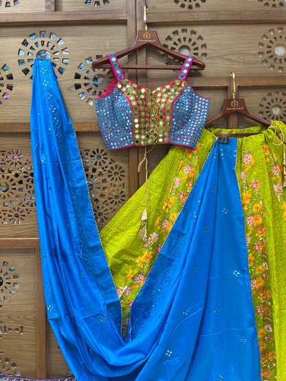 Green and Blue Mirror Work Navratri Chaniya Choli