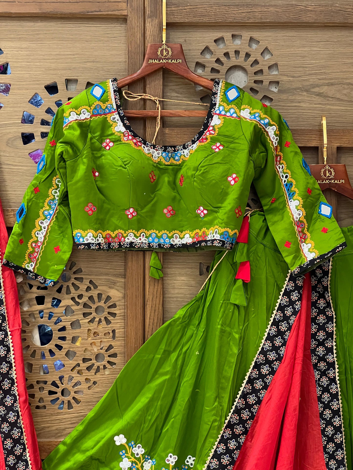Green and Red Gujarati Navratri Chaniya Choli with Peacock Embroidery