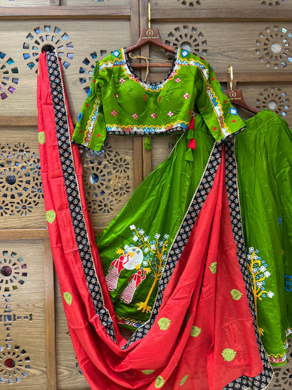 Green and Red Gujarati Navratri Chaniya Choli with Peacock Embroidery