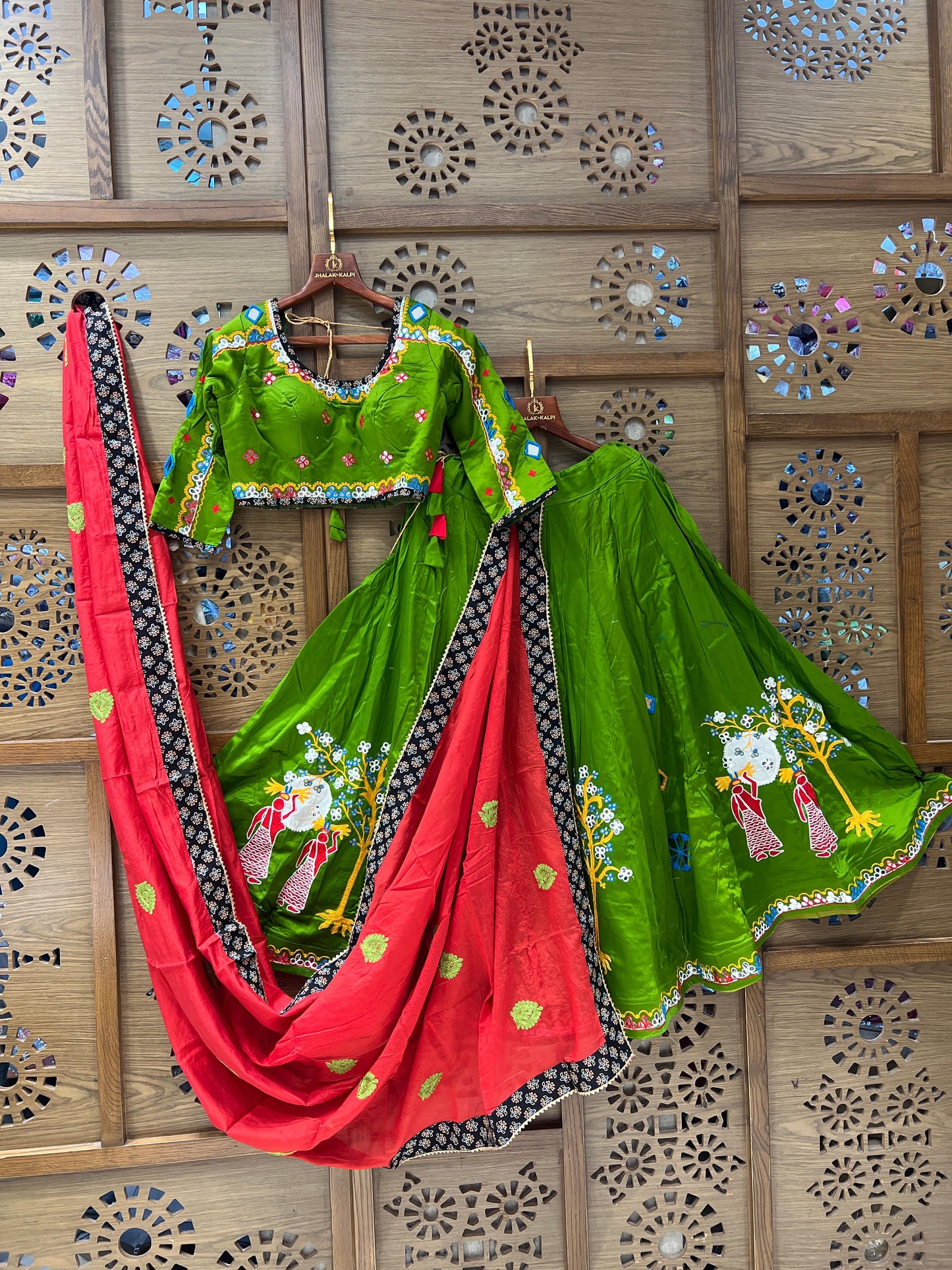 Green and Red Gujarati Navratri Chaniya Choli with Peacock Embroidery