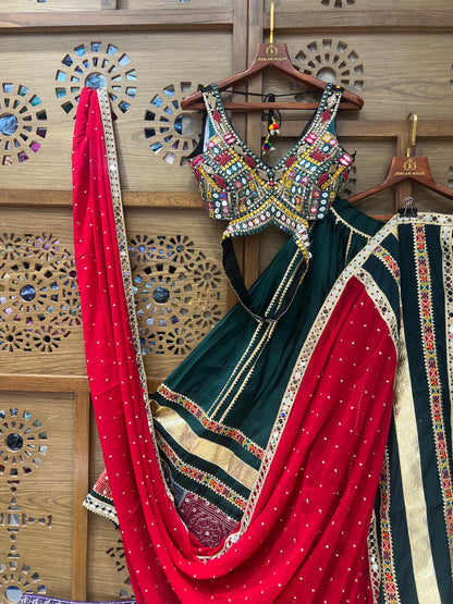 Green and Red Navratri Chaniya Choli with Mirror Work