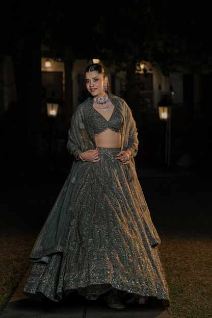 Greenish Pista Net Designer Lehenga with Sequins & Embroidery