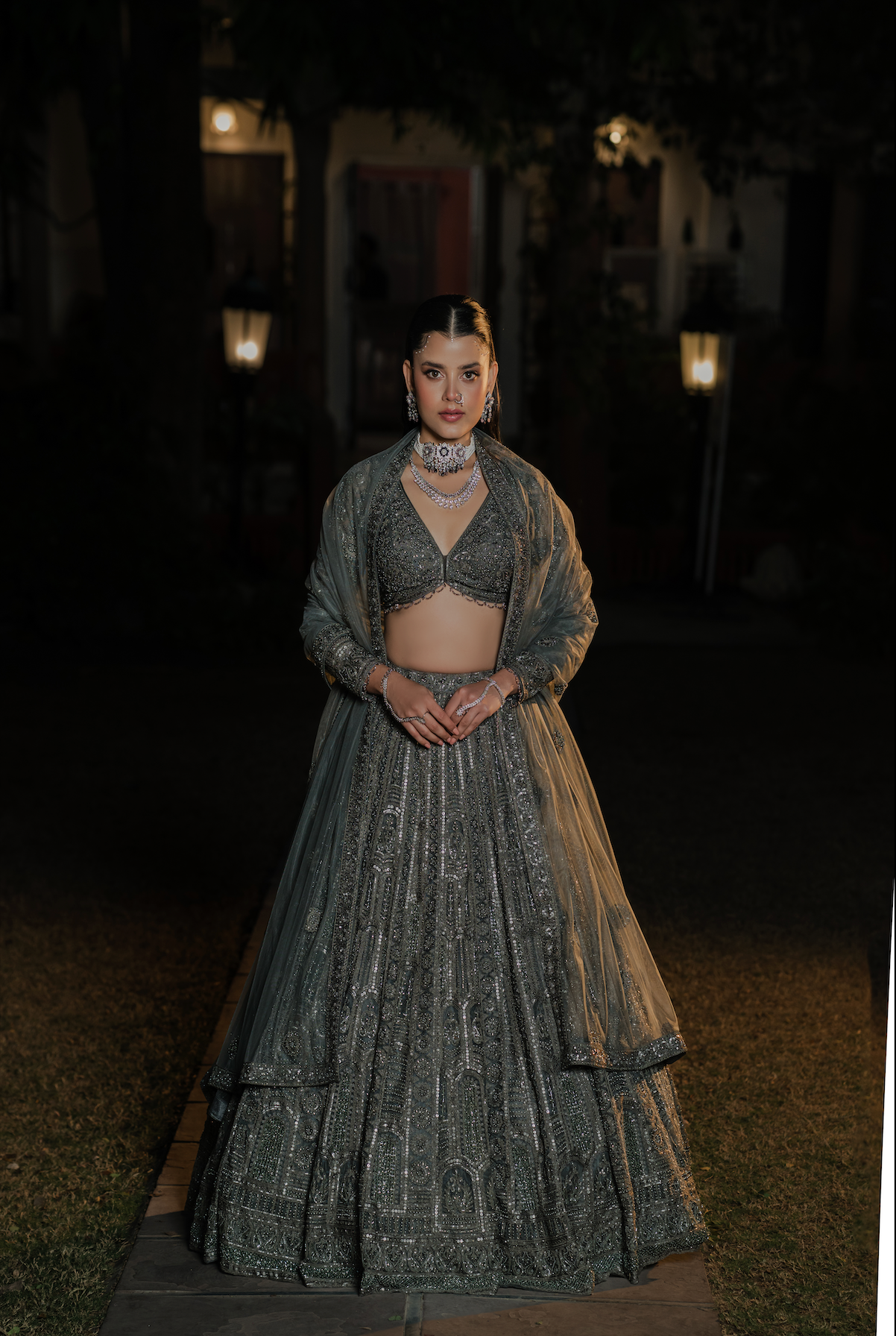 Greenish Pista Net Designer Lehenga with Sequins & Embroidery