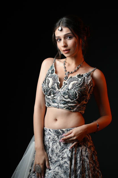 Grey Fowler Printed With Embroidered top Lehnga Choli