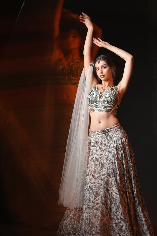 Grey Fowler Printed With Embroidered top Lehnga Choli