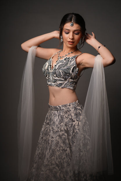 Grey Fowler Printed With Embroidered top Lehnga Choli