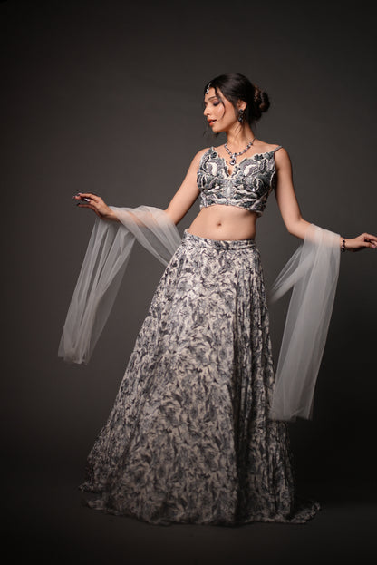 Grey Fowler Printed With Embroidered top Lehnga Choli