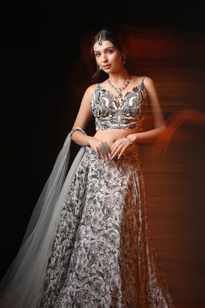 Grey Fowler Printed With Embroidered top Lehnga Choli