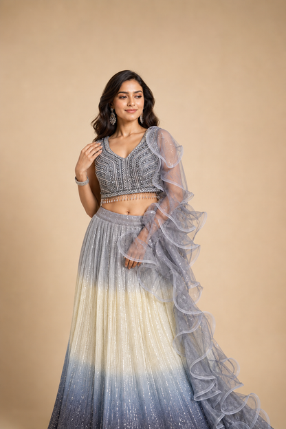 Grey and Ivory Ombre Lehenga Choli with Heavy Sequin & Bead Embroidery