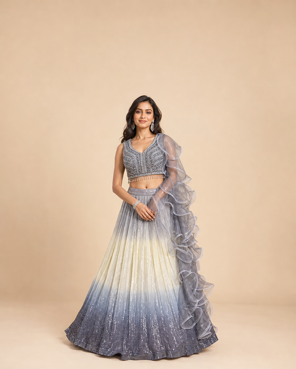 Grey and Ivory Ombre Lehenga Choli with Heavy Sequin & Bead Embroidery