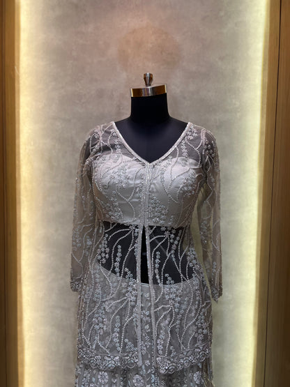 Grey net embroidered Lehnga Choli