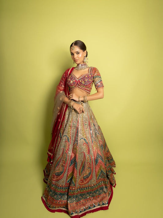 Heritage Multicolor Bridal Lehenga with Intricate Mirror & Threadwork