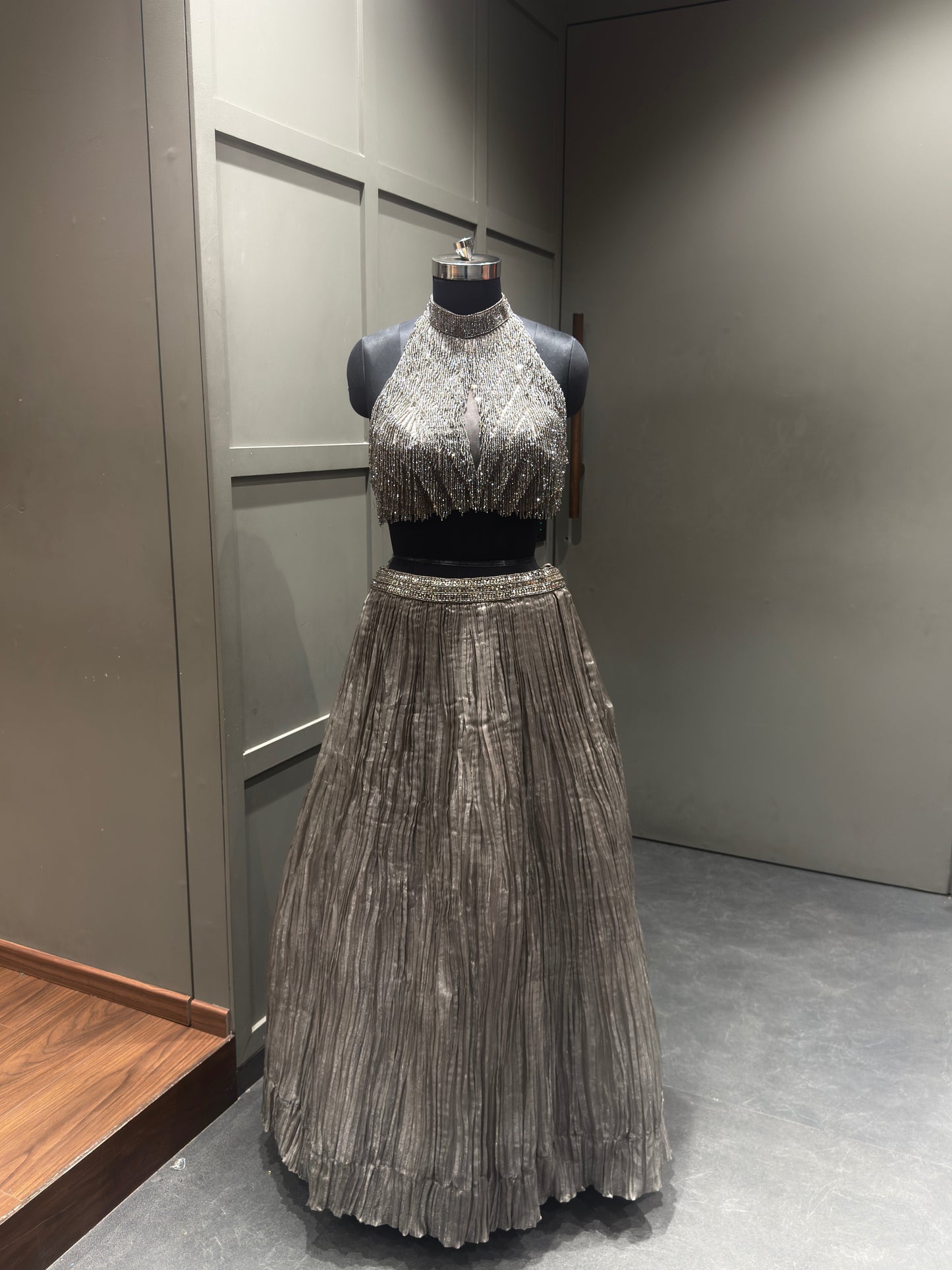 Pranali in Our Signature Smoky Grey Beaded Lehenga Set
