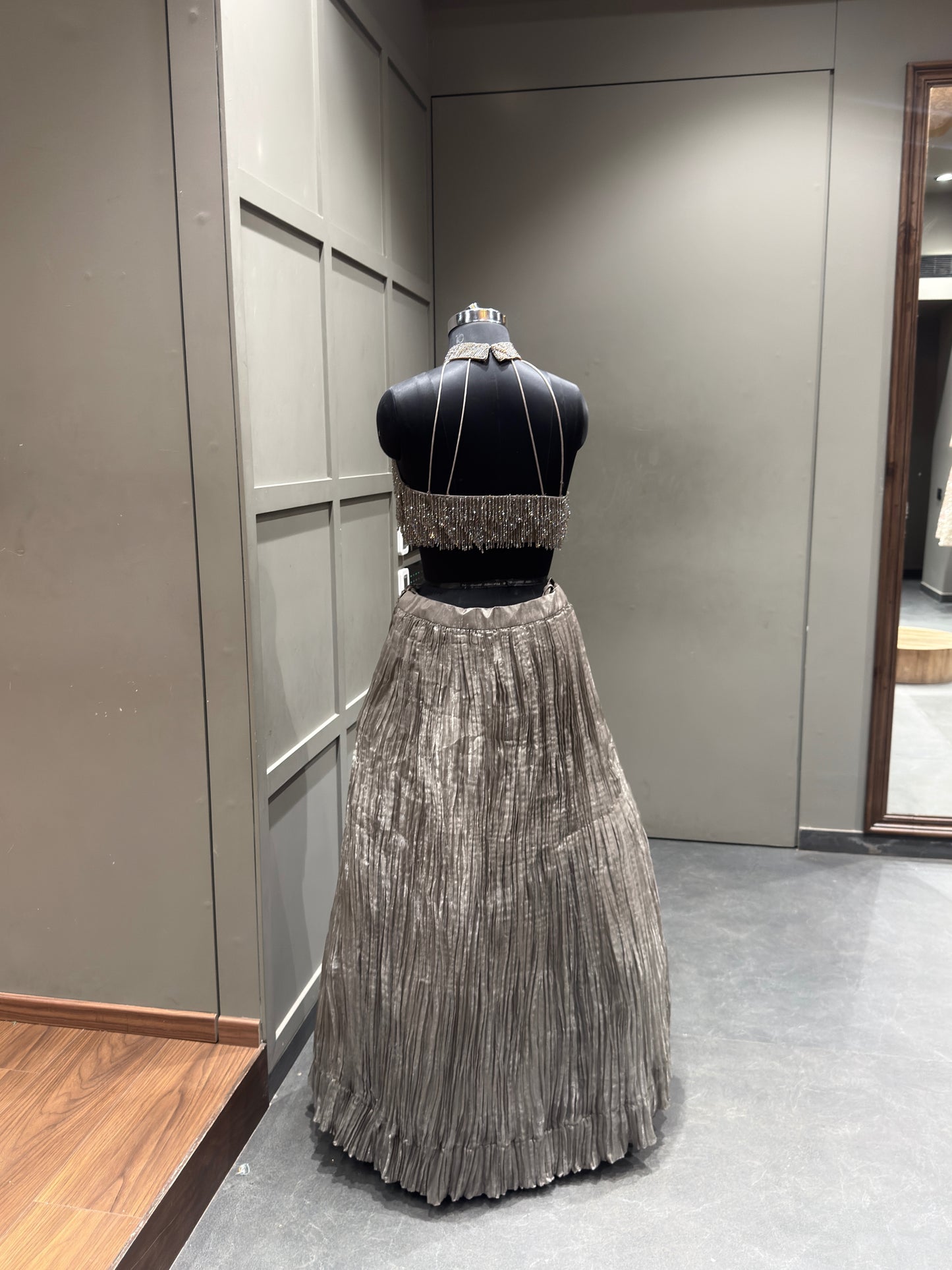 Pranali in Our Signature Smoky Grey Beaded Lehenga Set