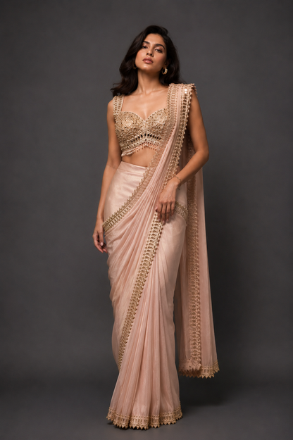 Blush Pink Drape Saree with Hand Embellished Mirror Work Blouse