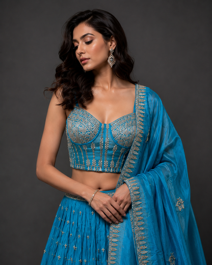 Turquoise Blue Designer Lehenga Choli with Hand Embroidery