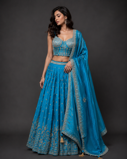 Turquoise Blue Designer Lehenga Choli with Hand Embroidery