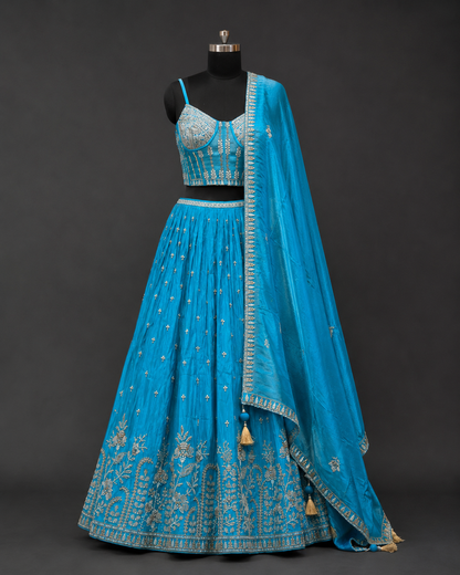 Turquoise Blue Designer Lehenga Choli with Hand Embroidery