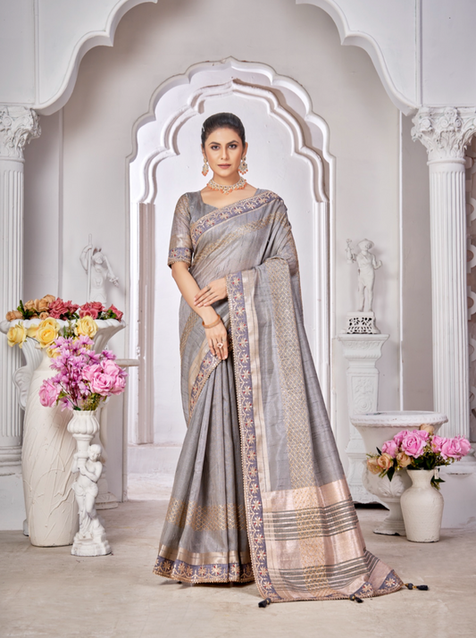 Grey Linen Cord Work Classic Saree