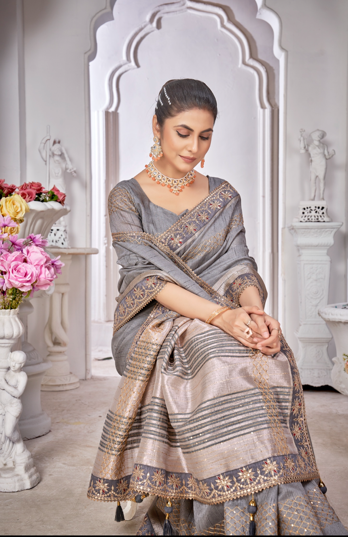 Grey Linen Cord Work Classic Saree