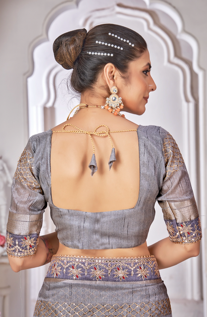 Grey Linen Cord Work Classic Saree