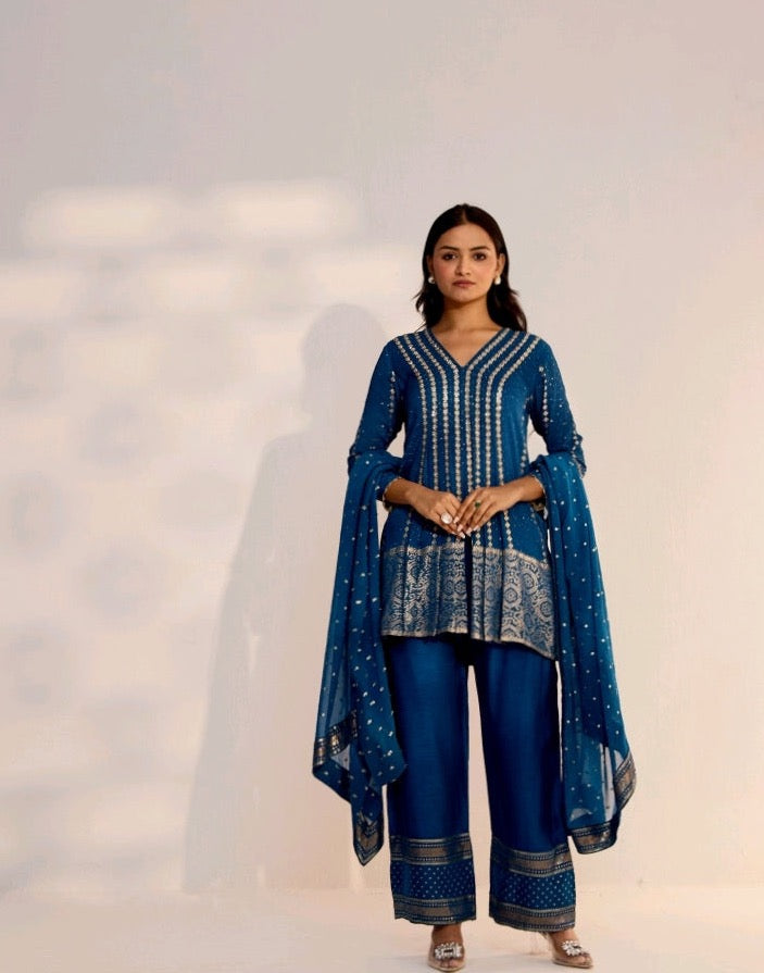 Dark Blue & Golden Work Kurti Pant Set
