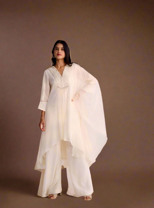 Milky White Up-Down Kurti Pant Set