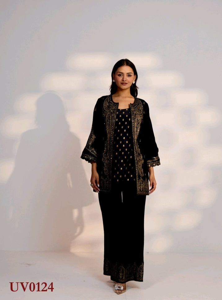 Black Kurti Pant with Designer Jacket Set