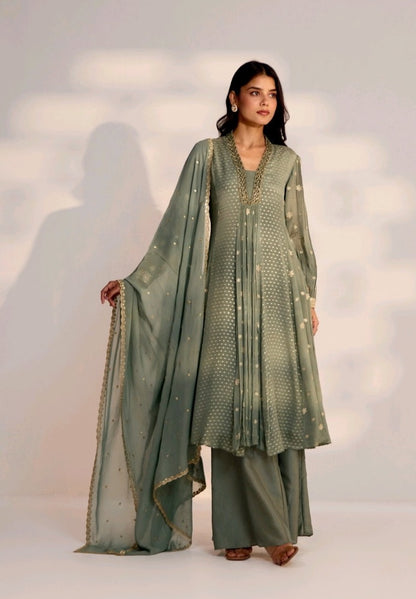 Pista Green Flared Anarkali Palazzo Set