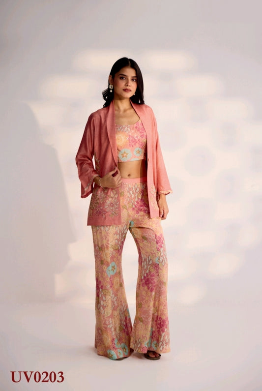 Peach Pink Printed Indo Jacket Set