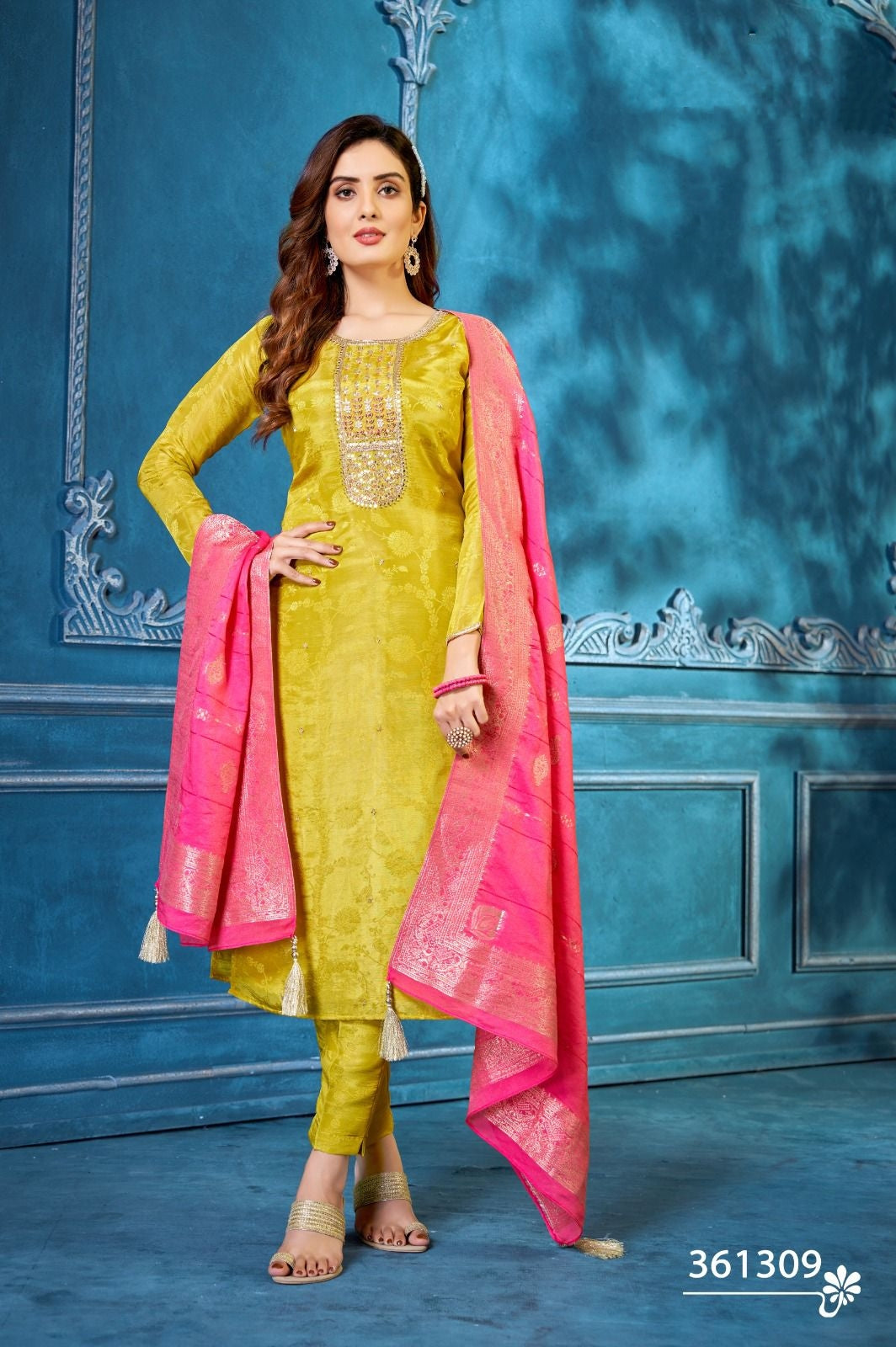 Lemon Yellow Silk Printed Kurti Pant Set with Dupatta